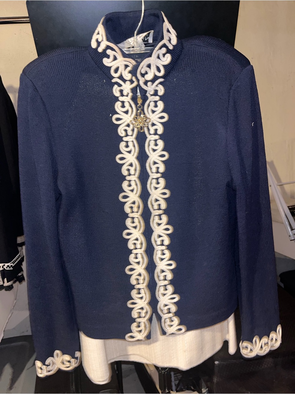 Navy Knit Jacket with Ivory Embroidered Trim and Ivory Skirt